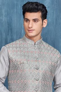 Picture of Appealing Grey Colored Designer Readymade Men’s Wear Kurta and Jacket Set for Wedding, Engagement, or Festive