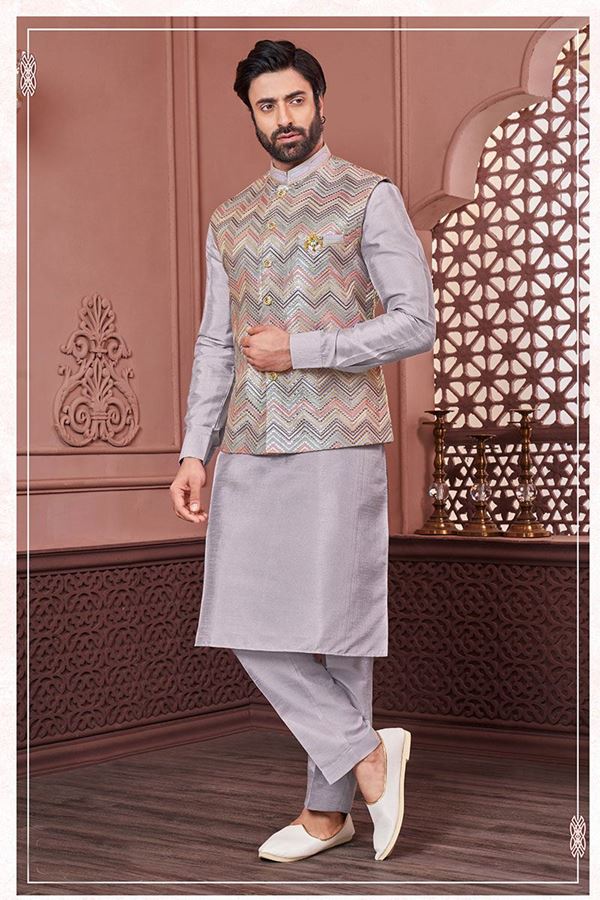 Picture of Fashionable Grey and Multi Colored Designer Readymade Men’s Wear Kurta and Jacket Set for Wedding, Engagement, or Festive