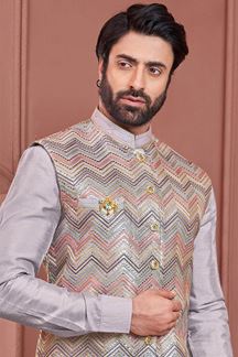 Picture of Fashionable Grey and Multi Colored Designer Readymade Men’s Wear Kurta and Jacket Set for Wedding, Engagement, or Festive