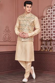 Picture of Attractive Light Chiku and Multi Colored Designer Readymade Men’s Wear Kurta and Jacket Set for Wedding, Engagement, or Festive