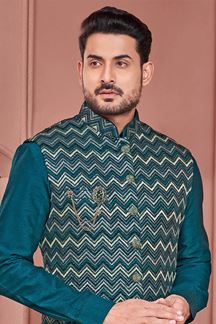Picture of Charming Rama Green Colored Designer Readymade Men’s Wear Kurta and Jacket Set for Wedding, Engagement, or Festive