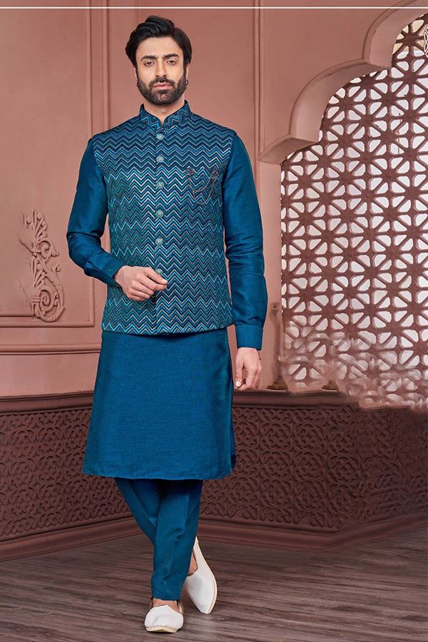 Picture of Exuberant Rama Blue Colored Designer Readymade Men’s Wear Kurta and Jacket Set for Wedding, Engagement, or Festive