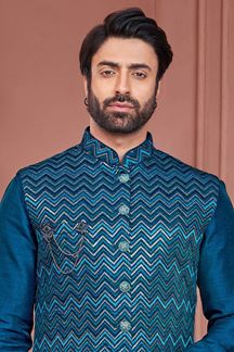 Picture of Exuberant Rama Blue Colored Designer Readymade Men’s Wear Kurta and Jacket Set for Wedding, Engagement, or Festive