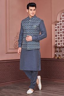 Picture of Classy Grey Colored Designer Readymade Men’s Wear Kurta and Jacket Set for Wedding, Engagement, or Festive