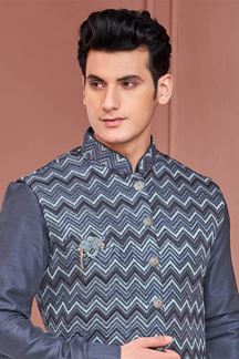 Picture of Classy Grey Colored Designer Readymade Men’s Wear Kurta and Jacket Set for Wedding, Engagement, or Festive
