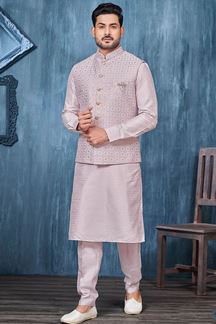 Picture of Vibrant Light Onion Colored Designer Readymade Men’s Wear Kurta and Jacket Set for Wedding, Engagement, or Festive