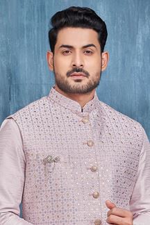 Picture of Vibrant Light Onion Colored Designer Readymade Men’s Wear Kurta and Jacket Set for Wedding, Engagement, or Festive