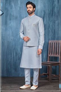 Picture of Amazing Blue Colored Designer Readymade Men’s Wear Kurta and Jacket Set for Wedding, Engagement, or Festive