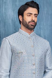 Picture of Amazing Blue Colored Designer Readymade Men’s Wear Kurta and Jacket Set for Wedding, Engagement, or Festive