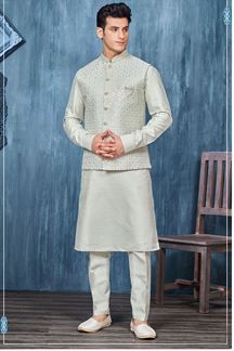 Picture of Stylish Grey Colored Designer Readymade Men’s Wear Kurta and Jacket Set for Wedding, Engagement, or Festive