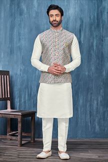 Picture of Dashing Cream and Pista Green Colored Designer Readymade Men’s Wear Kurta and Jacket Set for Wedding, Engagement, or Festive