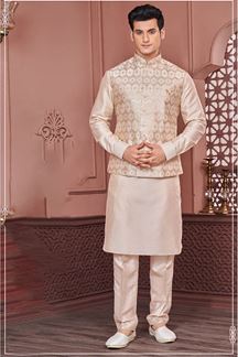Picture of Fancy Beige Colored Designer Readymade Men’s Wear Kurta and Jacket Set for Wedding, Engagement, or Festive