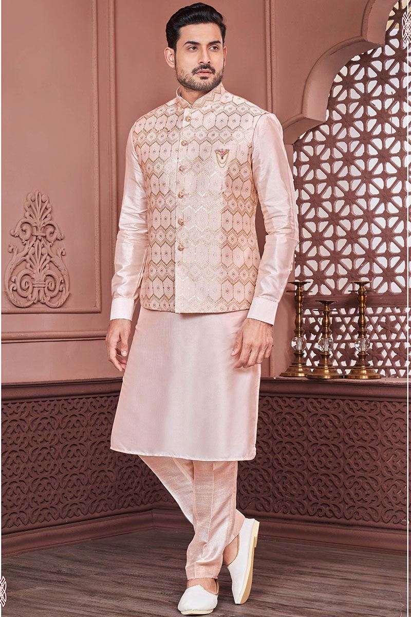 Marvelous Peach Colored Designer Readymade Men s Wear Kurta and Jacket Set for Wedding Engagement or Festive