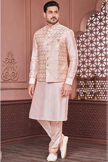 Picture of Marvelous Peach Colored Designer Readymade Men’s Wear Kurta and Jacket Set for Wedding, Engagement, or Festive