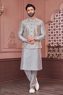 Picture of Magnificent Grey Colored Designer Readymade Men’s Wear Kurta and Jacket Set for Wedding, Engagement, or Festive