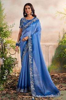 Picture of Stylish Aqua Blue Colored Designer Saree for Sangeet