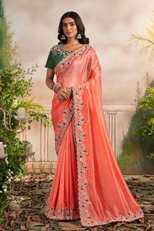 Picture of Lovely Coral Organza Designer Saree for Wedding