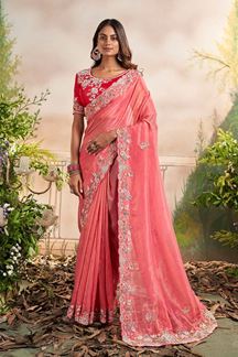 Picture of Dazzling Peach Tissue Designer Saree for Wedding, Engagement or Party