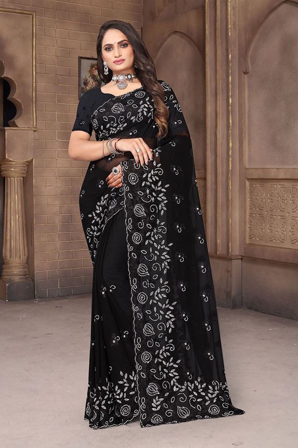 Picture of Lovely Black Colored Designer Saree for Party or Sangeet