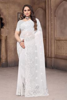 Picture of Creative White Colored Designer Saree for Party, Engagement or Sangeet