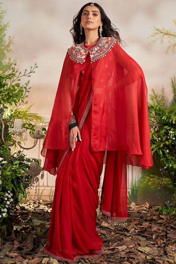 Picture of Bollywood Red Colored Designer Ready to Wear Saree with Cape for Party or Sangeet