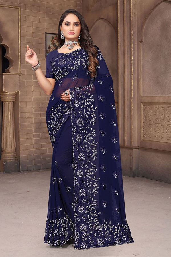 Picture of Delightful Navy Blue Georgette Saree for Party, Engagement or Sangeet