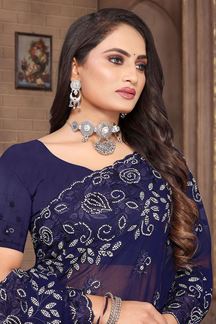 Picture of Delightful Navy Blue Georgette Saree for Party, Engagement or Sangeet