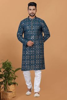 Picture of Dashing Teal Colored Designer Kurta and Churidar Set for Festive or Engagement