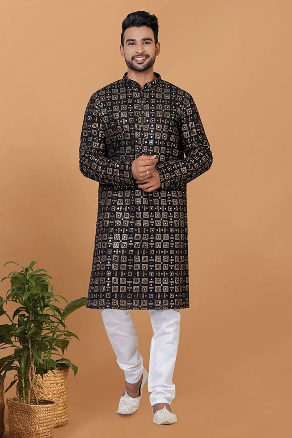 Picture of Elegant Black Colored Designer Kurta and Churidar Set for Sangeet or Engagement