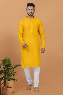 Picture of Fancy Yellow Designer Mens Kurta Set for Festive or Haldi