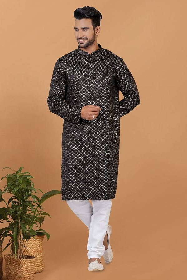 Picture of Fashionable Black Mens Designer Kurta and Churidar Set for Sangeet or Engagement