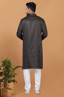 Picture of Fashionable Black Mens Designer Kurta and Churidar Set for Sangeet or Engagement