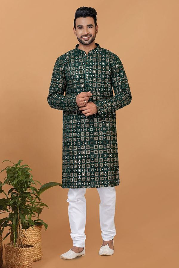 Picture of Appealing Green Mens Designer Kurta and Churidar Set for Festive or Mehendi