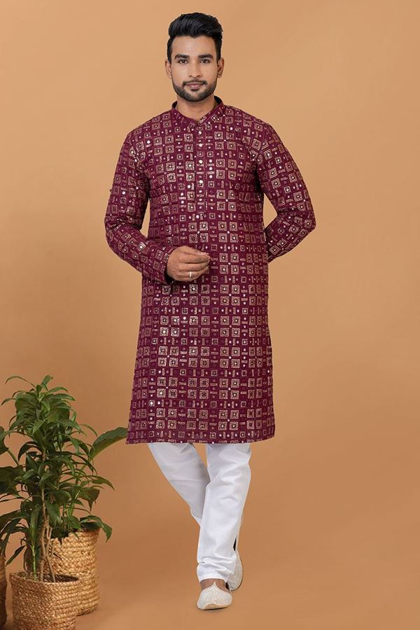 Picture of Majestic Maroon Colored Designer Kurta and Churidar Set for Festive or Wedding