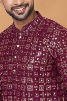 Picture of Majestic Maroon Colored Designer Kurta and Churidar Set for Festive or Wedding