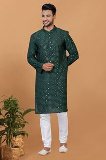 Picture of Exuberant Green Mens Designer Kurta and Churidar Set for Festive or Mehendi