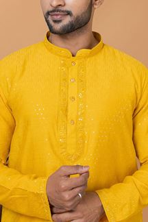 Picture of Exquisite Yellow Mens Designer Kurta and Churidar Set for Festive or Haldi