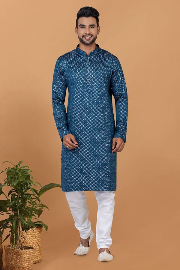 Picture of Aesthetic Teal Colored Designer Kurta and Churidar Set for Sangeet or Engagement