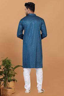 Picture of Aesthetic Teal Colored Designer Kurta and Churidar Set for Sangeet or Engagement