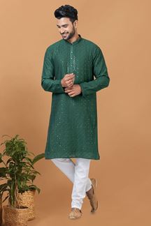 Picture of Delightful Green Mens Designer Kurta and Churidar Set for Festive or Mehendi