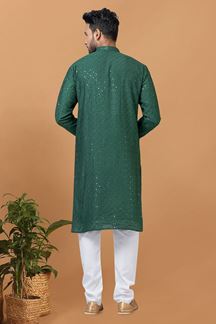 Picture of Delightful Green Mens Designer Kurta and Churidar Set for Festive or Mehendi