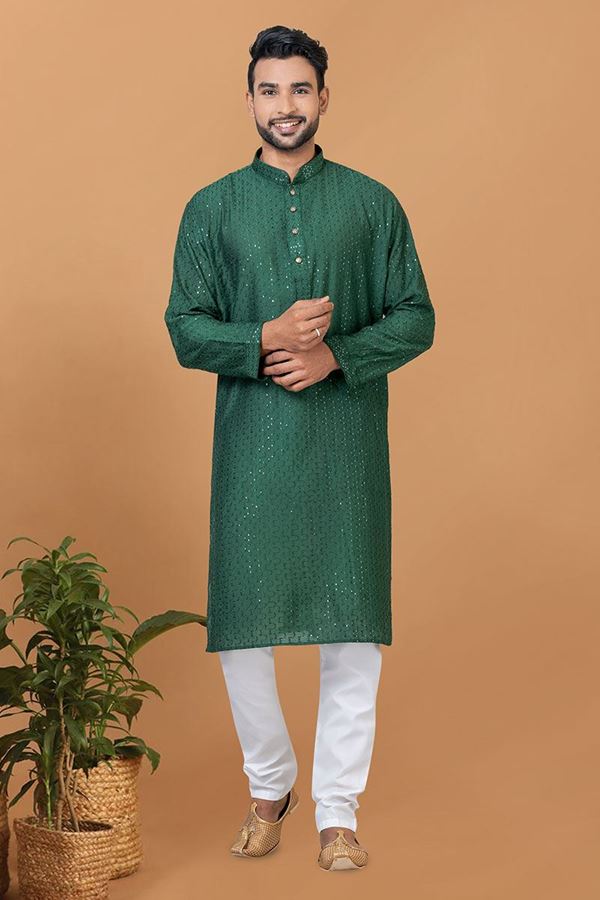 Picture of Royal Green Colored Mens Kurta and Churidar Set for Mehendi or Engagement