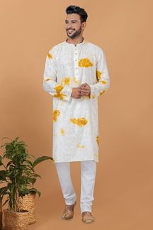 Picture of Captivating Yellow and White Mens Designer Kurta and Churidar Set for Festive or Haldi