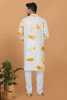 Picture of Captivating Yellow and White Mens Designer Kurta and Churidar Set for Festive or Haldi