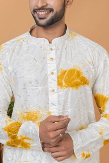 Picture of Captivating Yellow and White Mens Designer Kurta and Churidar Set for Festive or Haldi