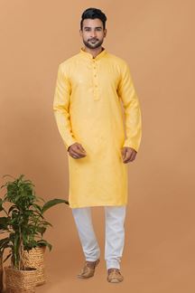 Picture of Impressive Light Mustard Mens Designer Kurta and Churidar Set for Festive or Haldi