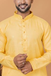 Picture of Impressive Light Mustard Mens Designer Kurta and Churidar Set for Festive or Haldi