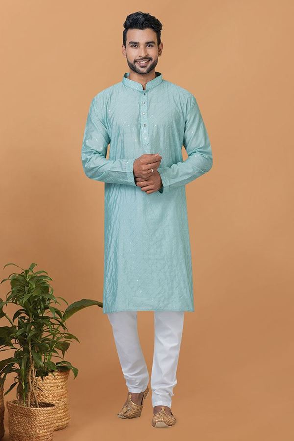 Picture of Artistic Sky Blue Mens Designer Kurta Set for Sangeet or Engagement