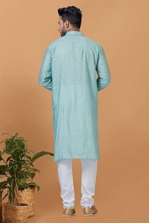 Picture of Artistic Sky Blue Mens Designer Kurta Set for Sangeet or Engagement