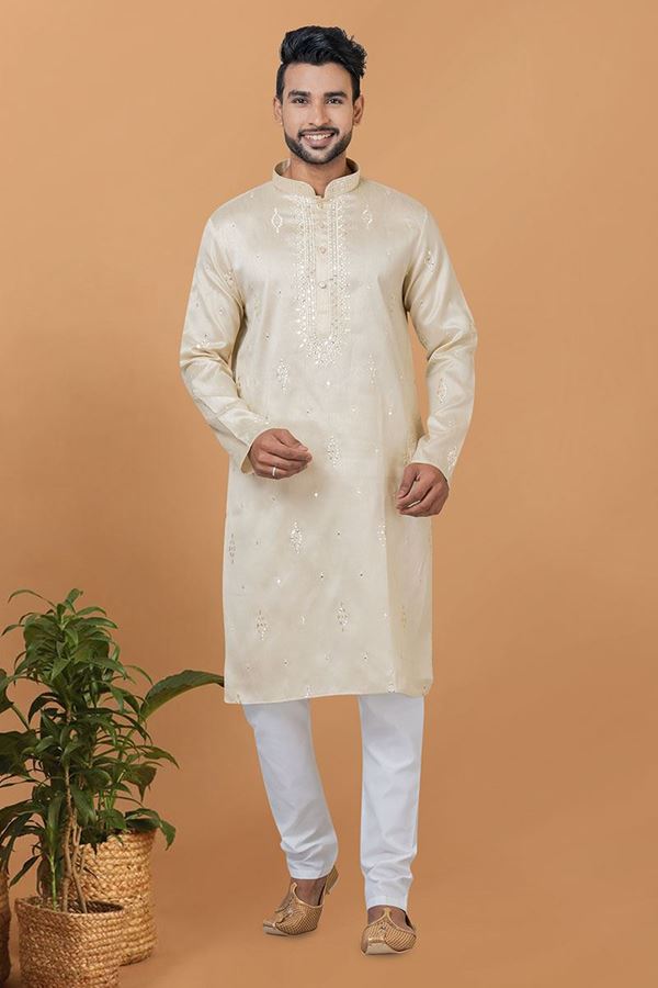 Picture of Charming Beige Mens Designer Kurta Set for Festive or Wedding